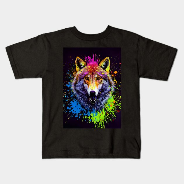 Splatter Paint Wolf Kids T-Shirt by Treherne